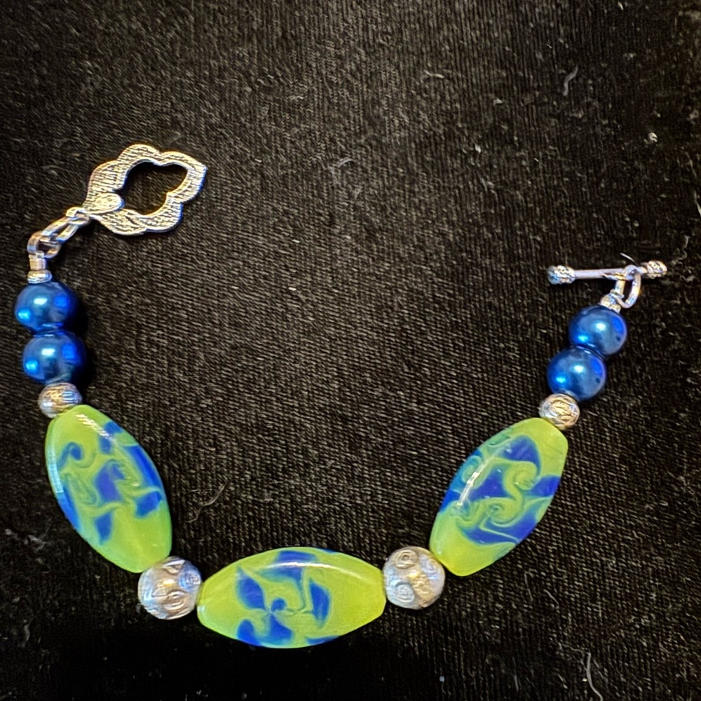 Handcrafted bracelet with vintage green blue enamel beads and silver Size 7.5in